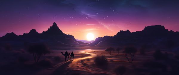 night desert, sunset, dark Wallpaper 3440x1440