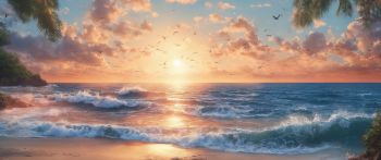 sunrise, beach, sea Wallpaper 2560x1080