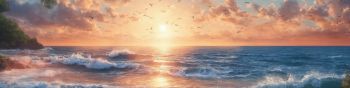 sunrise, beach, sea Wallpaper 1590x400