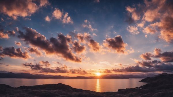 sunrise, lake, landscape, clouds Wallpaper 2048x1152