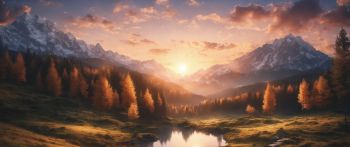 sunrise, landscape, mountains, forest, lake Wallpaper 2560x1080