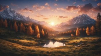 sunrise, landscape, mountains, forest, lake Wallpaper 1366x768