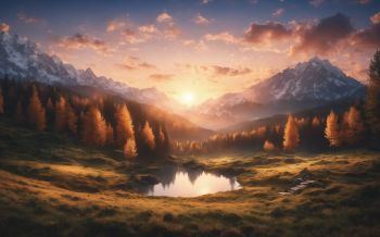 sunrise, landscape, mountains, forest, lake Wallpaper 1920x1200