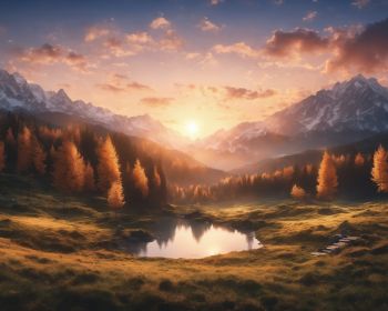 sunrise, landscape, mountains, forest, lake Wallpaper 1280x1024