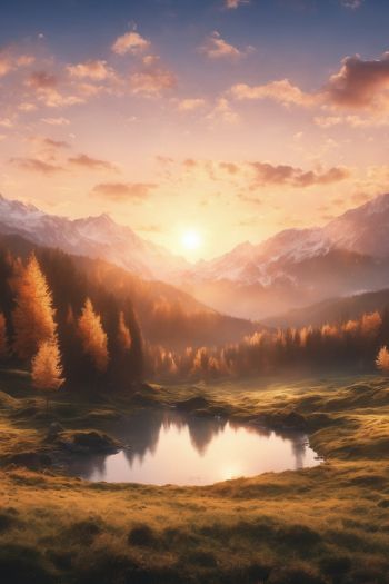 sunrise, landscape, mountains, forest, lake Wallpaper 640x960