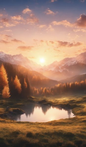 sunrise, landscape, mountains, forest, lake Wallpaper 600x1024