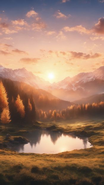 sunrise, landscape, mountains, forest, lake Wallpaper 640x1136