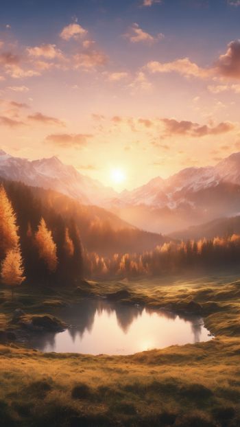 sunrise, landscape, mountains, forest, lake Wallpaper 720x1280