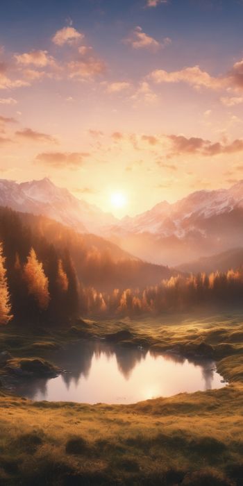 sunrise, landscape, mountains, forest, lake Wallpaper 720x1440
