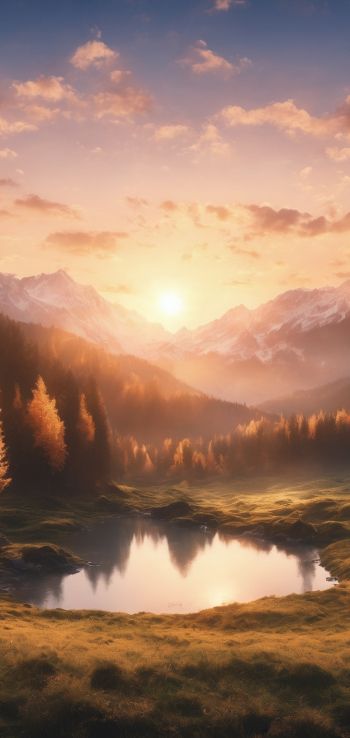 sunrise, landscape, mountains, forest, lake Wallpaper 720x1520