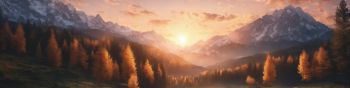 sunrise, landscape, mountains, forest, lake Wallpaper 1590x400