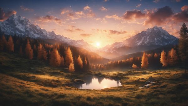sunrise, landscape, mountains, forest, lake Wallpaper 1600x900