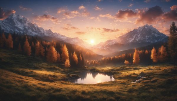 sunrise, landscape, mountains, forest, lake Wallpaper 2688x1536