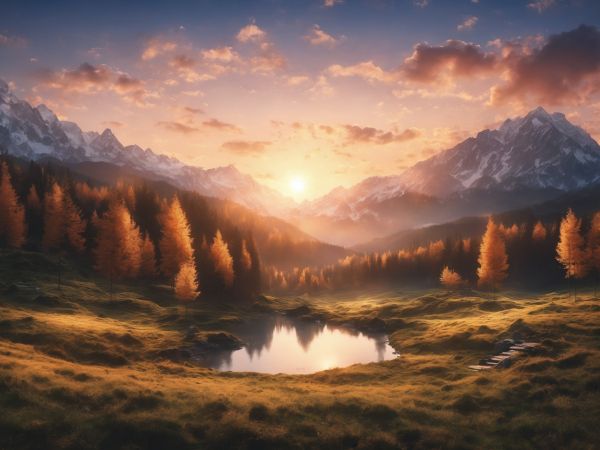 sunrise, landscape, mountains, forest, lake Wallpaper 800x600