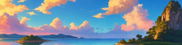 landscape, island, sky, clouds Wallpaper 1590x400