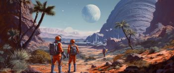 Sci-fi, astranaut, planet, cosmoart Wallpaper 2560x1080