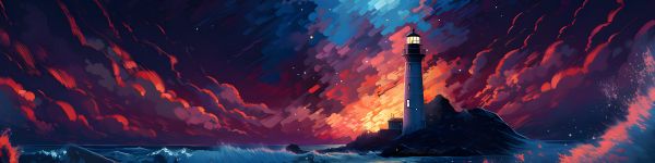 lighthouse, storm, night, waves Wallpaper 1590x400