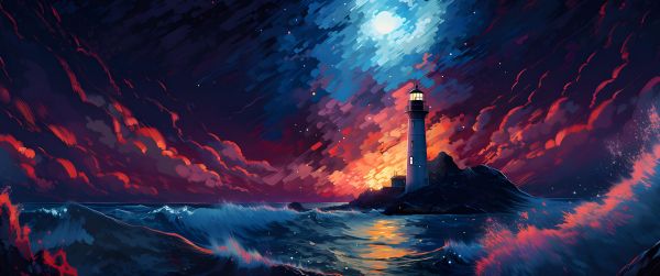 lighthouse, storm, night, waves Wallpaper 3440x1440