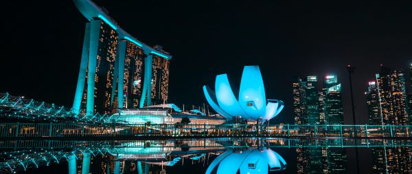 Обои 2560x1080 Marina Bay Sands, Сингапур, ночь