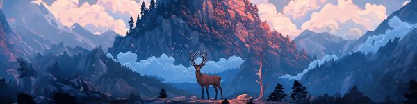 deer, mountain, landscape Wallpaper 1590x400