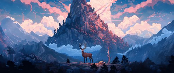 deer, mountain, landscape Wallpaper 3440x1440