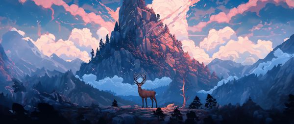 deer, mountain, landscape Wallpaper 2560x1080