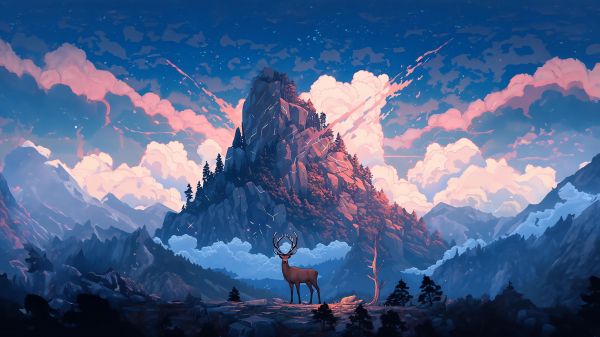 deer, mountain, landscape Wallpaper 2048x1152