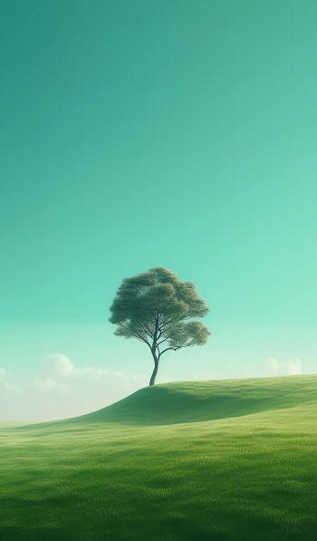 Обои 600x1024 одинокое дерево, пейзаж, зеленый