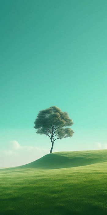 Обои 720x1440 одинокое дерево, пейзаж, зеленый