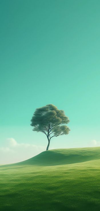 Обои 720x1520 одинокое дерево, пейзаж, зеленый