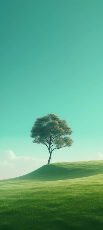 Обои 720x1600 одинокое дерево, пейзаж, зеленый