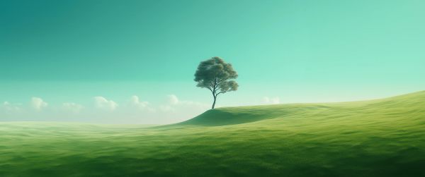 Обои 3440x1440 одинокое дерево, пейзаж, зеленый