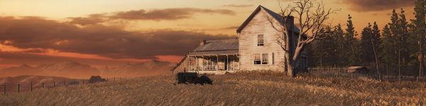 Обои 1590x400 The Last of Us, ферма, закат, поле