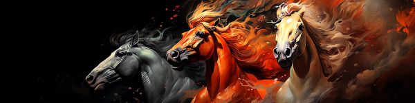 three horses, on a black background Wallpaper 1590x400