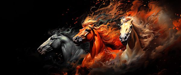 three horses, on a black background Wallpaper 3440x1440