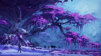Обои 1600x900 фиолетовый, лес, фантастика