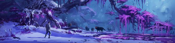 purple, forest, fantasy Wallpaper 1590x400