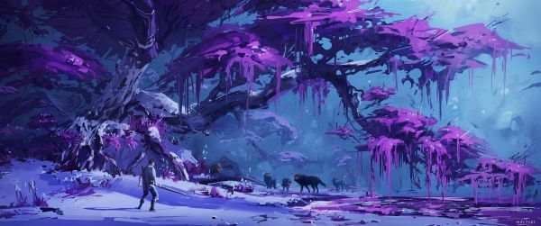 purple, forest, fantasy Wallpaper 3440x1440