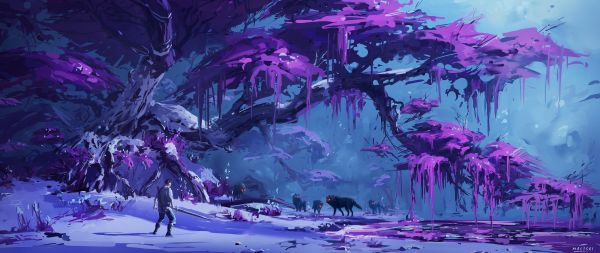 purple, forest, fantasy Wallpaper 2560x1080