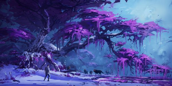 purple, forest, fantasy Wallpaper 5000x2500