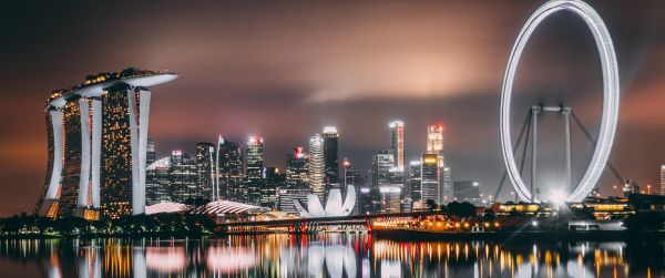 Обои 3440x1440 Marina Bay Sands, Сингапур, ночь