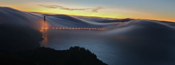 Обои 3200x1200 туман, Мост Золотые Ворота, Сан-Франциско