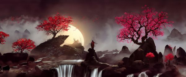 Japan, samurai, sakura Wallpaper 3440x1440