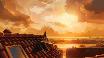 cat on the roof, sunset, orange Wallpaper 1920x1080
