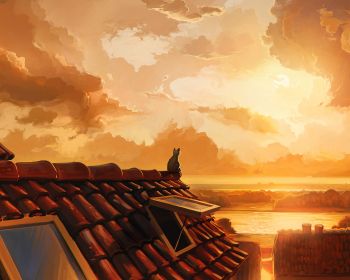cat on the roof, sunset, orange Wallpaper 1280x1024