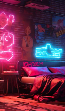 neon, bed, room, cyberpunk Wallpaper 600x1024