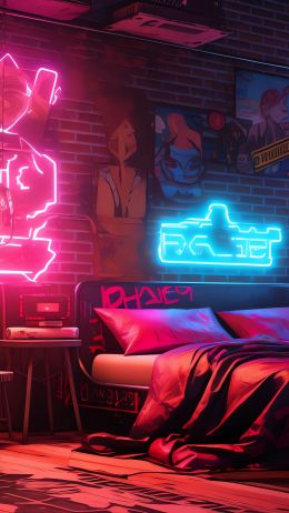 neon, bed, room, cyberpunk Wallpaper 1440x2560