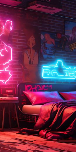 neon, bed, room, cyberpunk Wallpaper 720x1440
