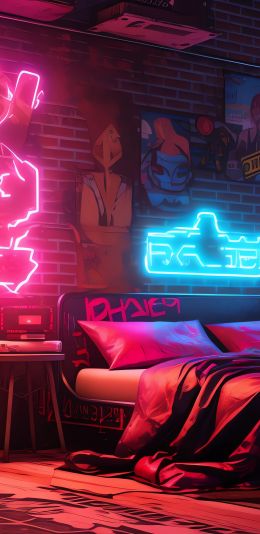neon, bed, room, cyberpunk Wallpaper 1440x2960