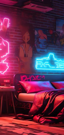 neon, bed, room, cyberpunk Wallpaper 1440x3040
